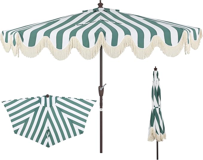 JONATHAN Y Beverly 9 ft. Coastal Green and White Striped Half Patio Umbrella with Scalloped Fringe, Crank Lift, and Manual Tilt for Balcony, Dark Brown Pole UMB1201F