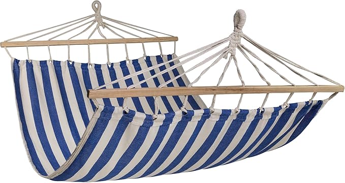 Striped Macrame Quilted Two Person Double Hammock - 9' x 56" - Blue and Cream