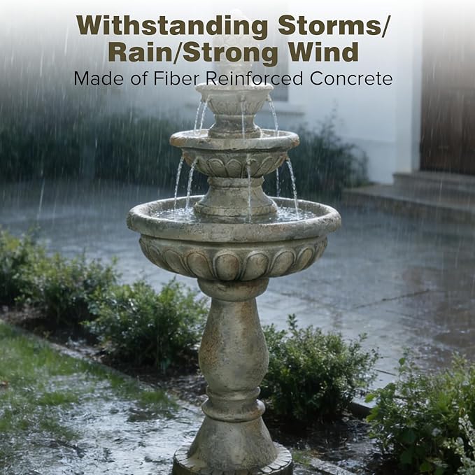 Naturefalls 42.5" Outdoor Water Fountain, 3-Tiers Fiber Reinforced Concrete Garden Water Feature, Electric Fountain with Low Voltage Pump Decorative Waterfall for Patio Backyard Lawn Yard Decor