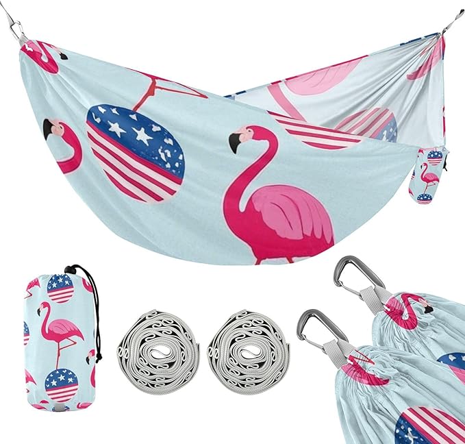 4th of July Independence Day Pink Flamingos 330lb Capacity Camping Hammock with Hanging Rope Backyard Hammock for Outside Beach Patio Garden hamacas para adultos