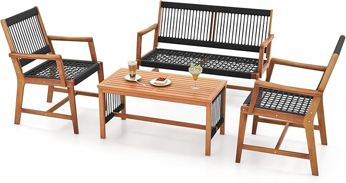 HAPPYGRILL 4 Pieces Patio Furniture Set Acacia Wood Conversation Set with Hand-Woven Rope Design, Ergonomic Loveseat & Single Chairs, Wooden Chair & Table Set for Porch Yard Poolside