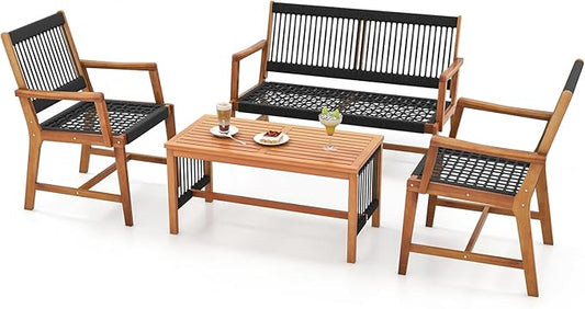 HAPPYGRILL 4 Pieces Patio Furniture Set Acacia Wood Conversation Set with Hand-Woven Rope Design, Ergonomic Loveseat & Single Chairs, Wooden Chair & Table Set for Porch Yard Poolside