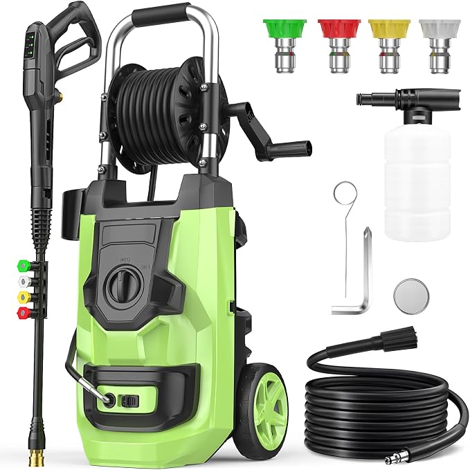 Electirc Pressure Washer 5000 PSI with 3 Levels Adjustable Pressure Gun, Portable Pull-Handle, 4 Nozzles and Foam Cannon, Heavy Duty Pressure Cleaner for Home/Car/Fence/Garden, Green