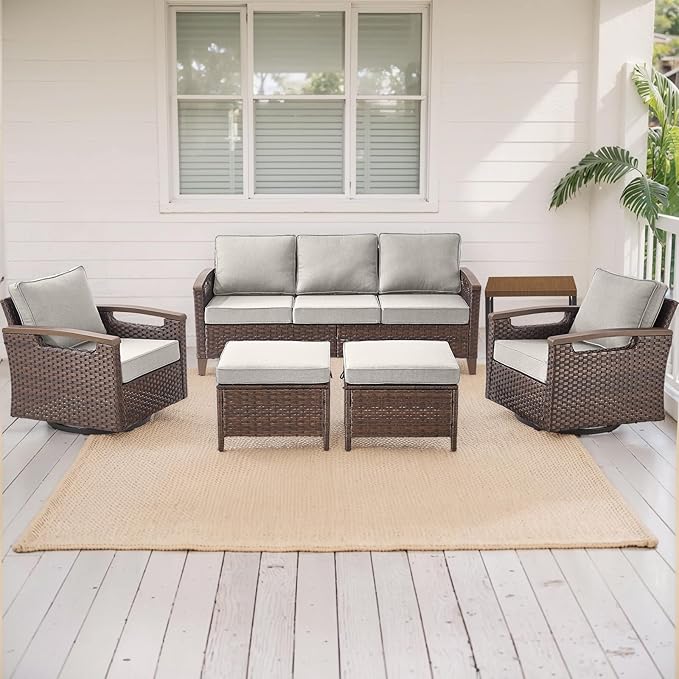 Rilyson Wicker Outdoor Patio Furniture Set - 6 Piece Patio Conversation Sets with Swivel Rocker Chairs, Sofa, Ottomans and Side Table, Thick Cushions, Waterproof Wicker, for Porch Deck Brown/Beige