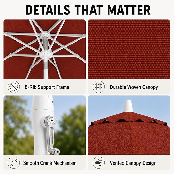 Treasure Garden 9ft Patio Umbrella - Outdoor Furniture Market Umbrella – Deluxe Auto-Tilt – White Aluminum Frame (Sunbrella, Henna)