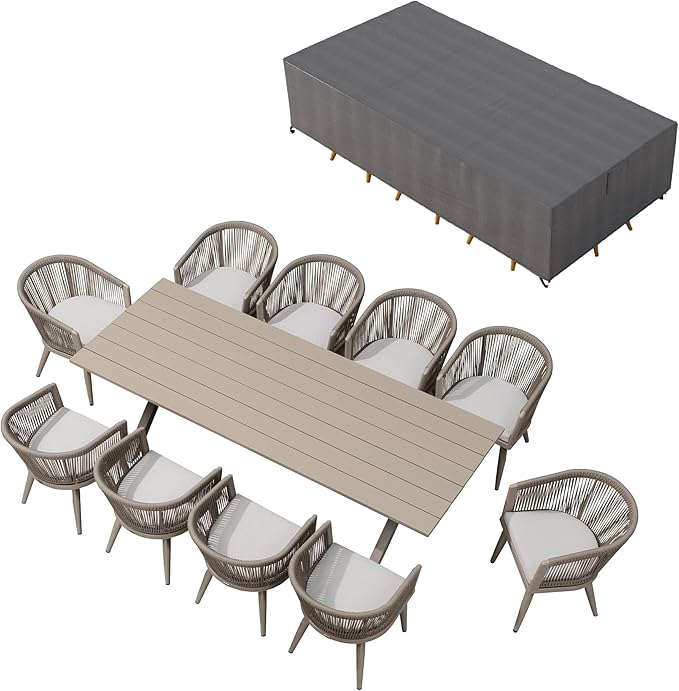 PURPLE LEAF Outdoor Dining Set with Waterproof Furniture Cover 11-Piece All-Weather Patio Set for 10 with Champagne Aluminum Table Rope Weave Chairs and Cushions, Champagne