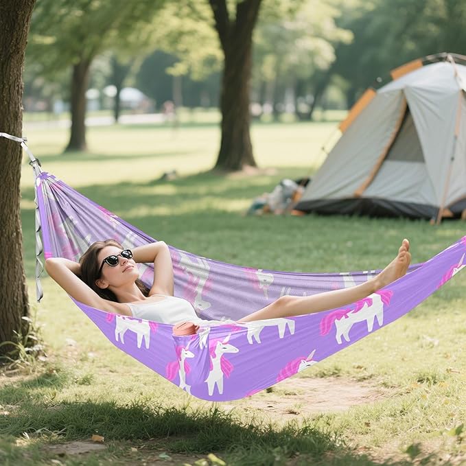Unicorn Pink Purple Camping Portable Swing Fabric Hammocks with Tree Straps 330 lbs Capacity for Travel Hiking Indoor Outdoor