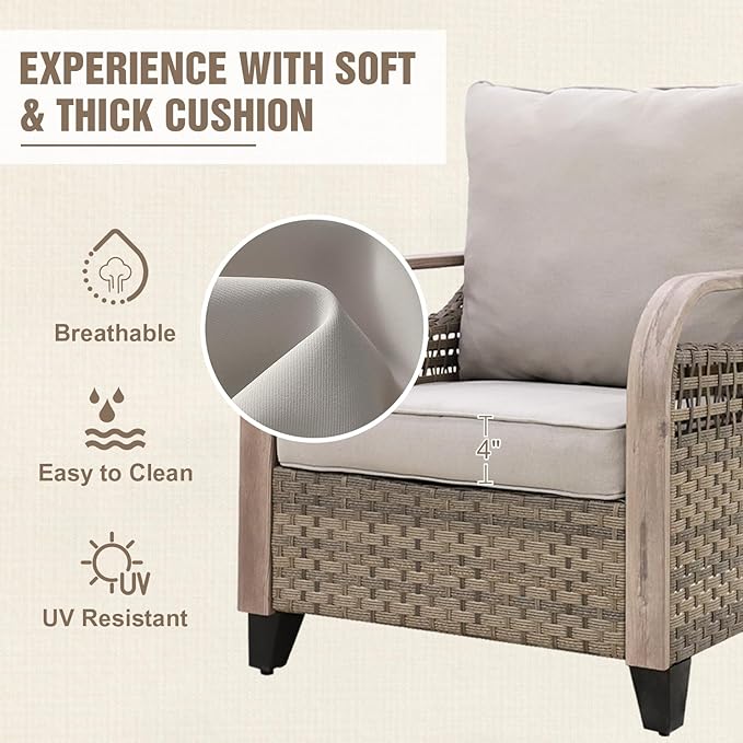 Modern Wicker Patio Furniture Set, Rattan Outdoor Conversation Set with Comfortable Cushions, 2 Patio Chairs, 3 Seat Couch and Coffee Table, 4 Pieces, Brown/Gray
