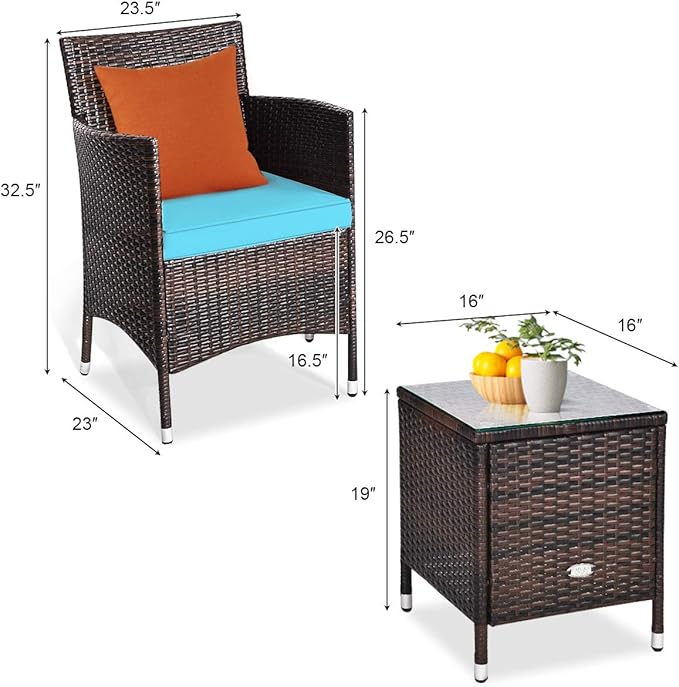 DORTALA 3 Piece PE Rattan Patio Furniture Set, Outdoor Chairs & Table Set with Tempered Glass Top & Cushions, Wicker Conversation Set for Garden Backyard, Turquoise