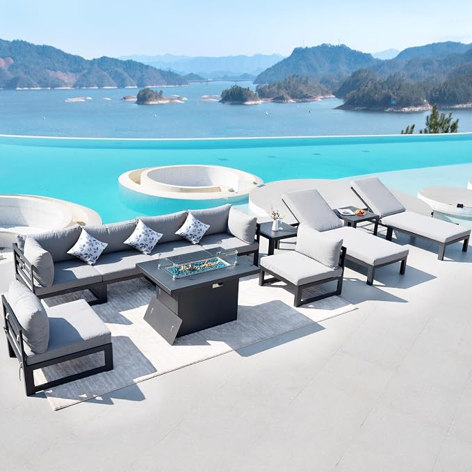 RADIATA 11 Piece Large Contemporary Aluminum Outdoor Furniture Set with Sun Bed & Fire Pit Table, 29 inch Deep Couch Set, 500 lbs High Weight Capacity, Patio Sectional Sofa for Poolside, Light Gray