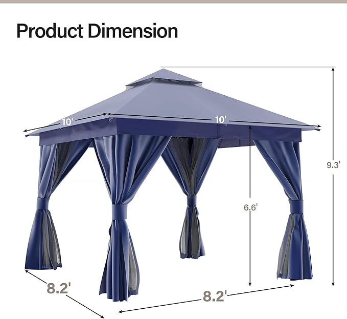 LAUSAINT HOME Patio Gazebo 10'x10', with 50ft Lights Outdoor Heavy Duty Party Tent Shelter with Double Roofs, Mosquito Nettings and Privacy Screens for Backyard, Garden, Lawn, Navy Blue