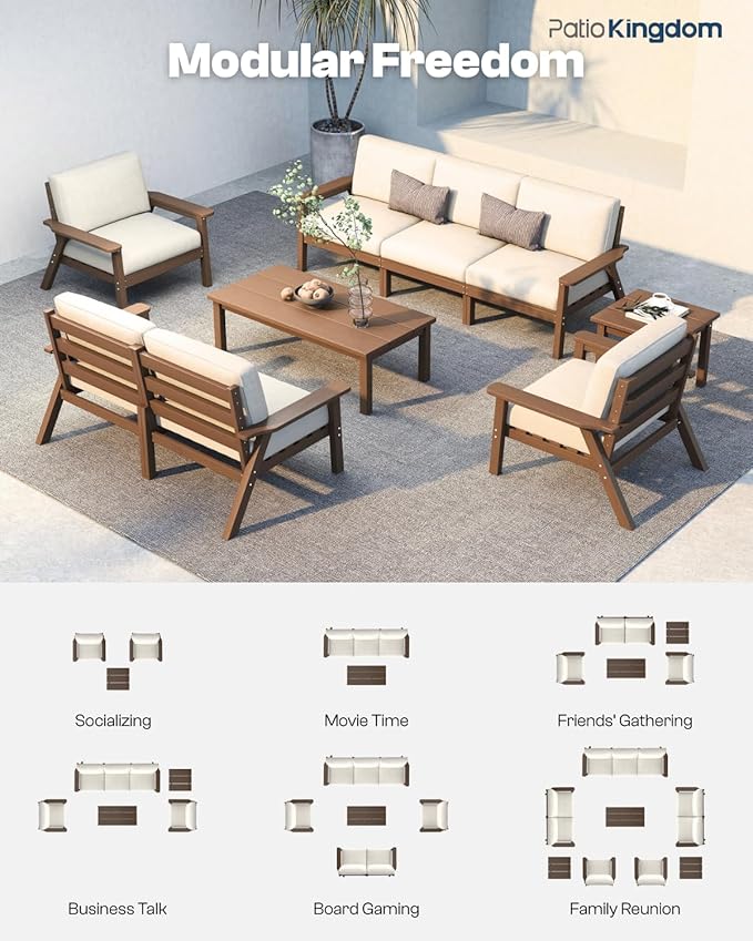 HDPE 7 Piece Patio Furniture Set, HDPE Outdoor Sectional with with Beige Thick Cushions, Coffee Table and Side Table, Patio Conversation Sets for Lawn, Garden, Porch (Brown Frame)