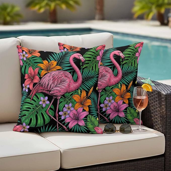 Pink Flamingo Outdoor Pillow Covers 16"x16" Set of 2, Summer Tropical Jungle Hibiscus Flower Vintage Waterproof Throw Pillow Covers for Patio Furniture, Decorative Cushion Covers for Porch