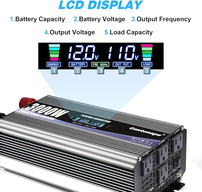 Cantonape 3000W Power Inverter 12V to 110V/120V DC to AC with LCD Display, Remote Controller and 4 x AC Outlets Car Adapter for Car Truck Boat RV Off Grid Solar System