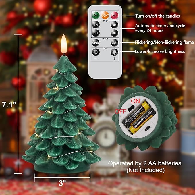 Christmas Tree Shaped LED Candles with Remote Timer, 2 Pcs Flameless Pillar Candles with Embedded String Lights, Battery Operated Flickering Green Candles for Christmas Home Décor