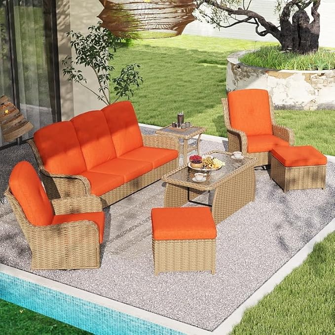 Kinsuite 7 PCS Patio Furniture Set, Outdoor Conversation Sets with Swivel Chairs & Ottomans, All-Weather Wicker Light Brown Sectional Sofa with Thicken Cushions for Garden, Lawn, Backyard, Orange