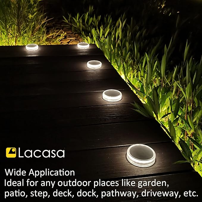 Lacasa Solar Deck Lights Outdoor Waterproof LED Solar Step Lights Driveway Lights, White 4000K, for Garden Yard Patio Pathway, Round, 4 Pack