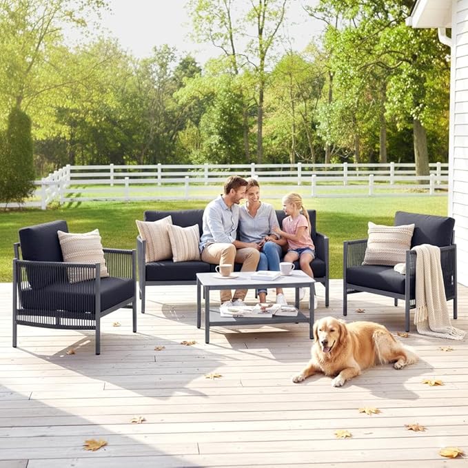 Aluminum Patio Furniture Set, 7 Seats Modern Outdoor Sectional Furniture with PE Rope & Dual-Layer Coffee Table, Luxury Patio Conversation Sets with 6" Cushions for Backyard/Garden, Charcoal