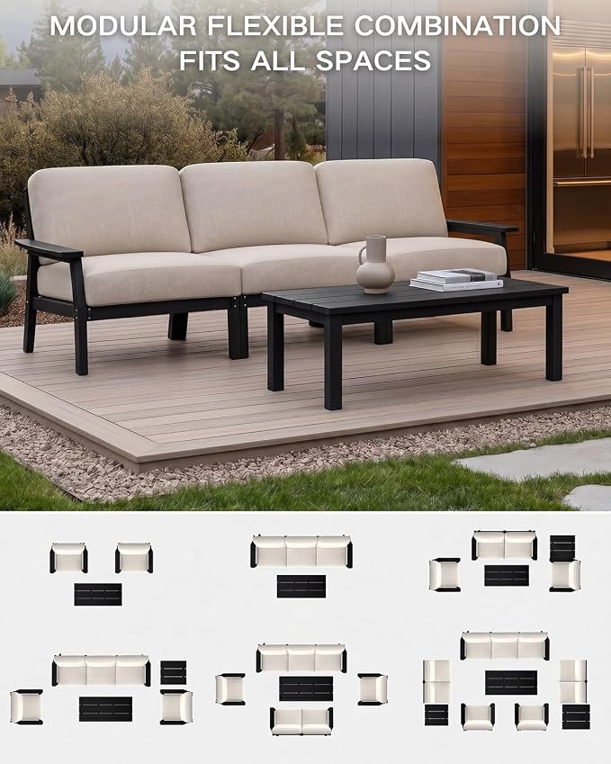 AreShark 3-Piece HDPE Patio Conversation Set, All Weather Outdoor Couch Set with Thick Cushions, Outdoor Sectional Outdoor Sofa Set for Lawn, Deck, Backyard, Black & Beige