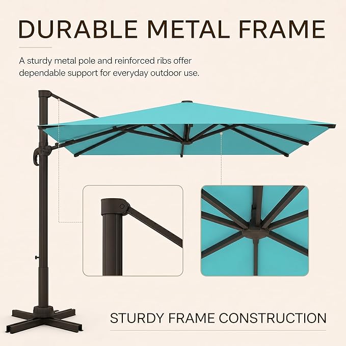 Kingdura 8' X 8' Cantilever Patio Umbrella with Base Included, Large Square Outdoor Offset Umbrella with 360-degree Rotation, Infinite Tilt, UV Protection for Pool Deck Garden Patio (Peacock blue)