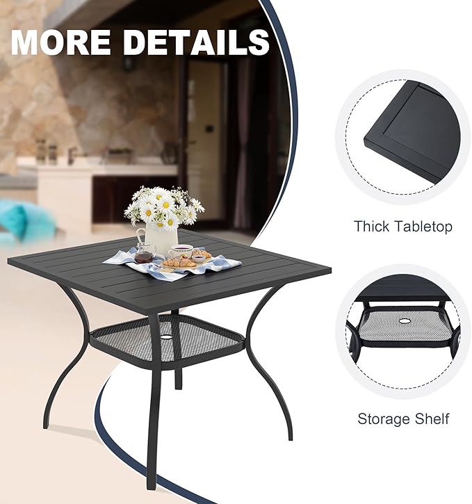 VICLLAX 5 Pieces Outdoor Dining Set, Patio Furniture Set Includes 38" Square Metal Table W/ 1.9" Umbrella Hole and 4 Padded Textilene Swivel Chairs for Porch, Lawn, Garden, Backyard