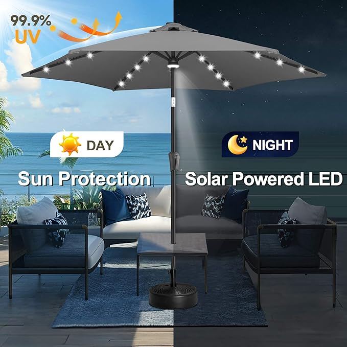FLAME&SHADE 10ft Solar Outdoor Umbrella - 24 LED Lighted Patio Umbrella with Centre Surround Light, Table Umbrellas with Tilt & Crank for Pool, Porch, Garden, Deck, Backyard UV Protection (Anthracite)