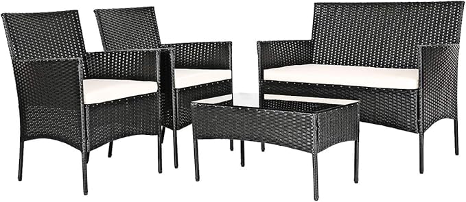 Tangkula 8 Piece Patio Furniture Set, Outdoor Wicker Conversation Set with Tempered Glass Coffee Table, Rattan Loveseat & Chairs Set with Seat Cushions for Backyard, Garden, Poolside (2, Beige)
