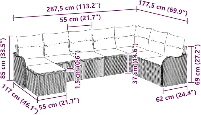 Garden Sofa Set 8 STK. Black Poly Rattan Outdoor Furniture Set with Patio Conversation Sets for Garden Seating and Outdoor Living Space