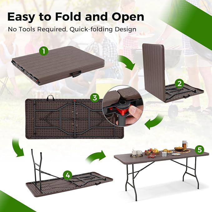Giantex 6ft HDPE Folding Table, Outdoor Indoor Foldable Table with Metal Legs, Fold-in-Half Portable with Handle for Picnic, Camping, Banquet, Party Event (Brown)
