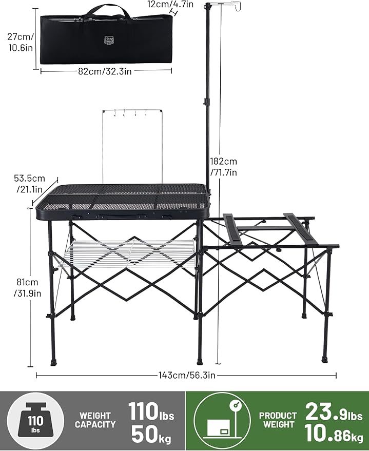 TIMBER RIDGE Portable Camping Kitchen Station, Folding Outdoor Grill Table | 110lbs Capacity Heat-Resistant Steel Mesh Top & Storage Shelves, Heavy Duty Picnic RV Tailgating BBQ Easy Setup