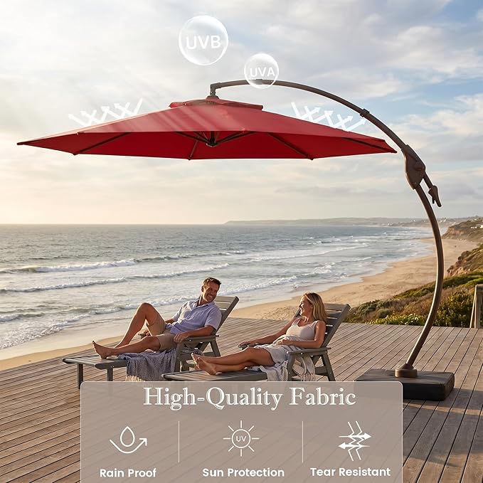 Cantilever Umbrella with Heavy-Duty Base, Outdoor Large Round Aluminum Offset Umbrella for Patio Garden Backyard, UV-Resistant Waterproof Canopy, 360° Rotation & Tilt Adjustment