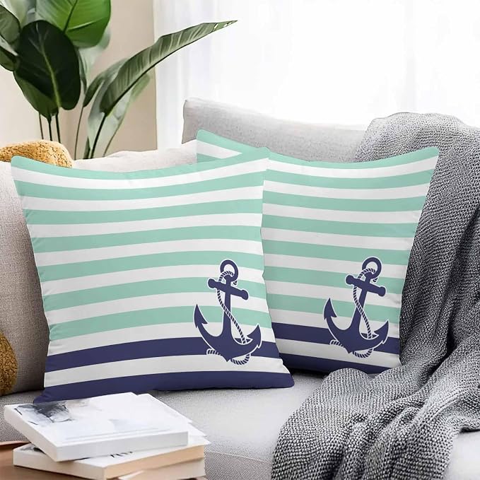 Throw Pillow Covers 24x24 Inch Set of 2, Anchor Aqua Waterproof Outdoor Cushion Covers, Modern Navy Blue White Striped Nautical Decorative Pillowcases for Couch, Sofa, Bed, Garden, Patio