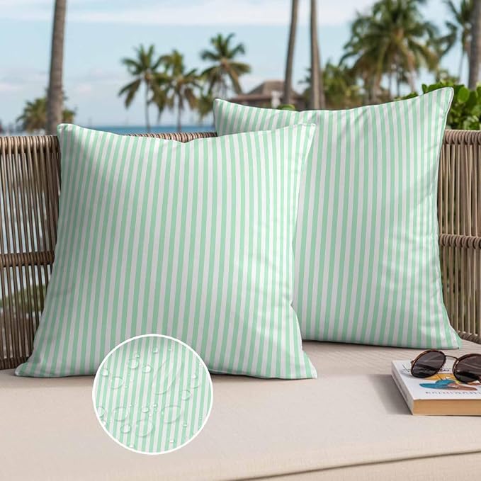 Throw Pillow Covers 16x16 Inch Set of 2, Green White Stripe Waterproof Outdoor Cushion Covers, Modern Minimalist Geometric Striped Decorative Pillowcases for Couch, Sofa, Bed, Garden, Patio