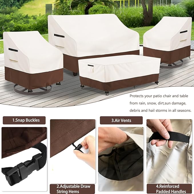 Patio Furniture Covers Set,4-Piece 600D Heavy Duty Waterproof Outdoor Furniture Cover for Patio Swivel Rocker Chairs,Loveseat and Coffee Table,Beige & Brown