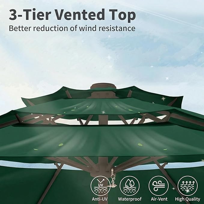 10FT Patio Umbrella 3 Tiers Outdoor Market Umbrella w/Push Button Tilt, Crank, UV and Waterproof Table Umbrella for Garden, Pool, Backyard, Deck, Lawn, Forest Green