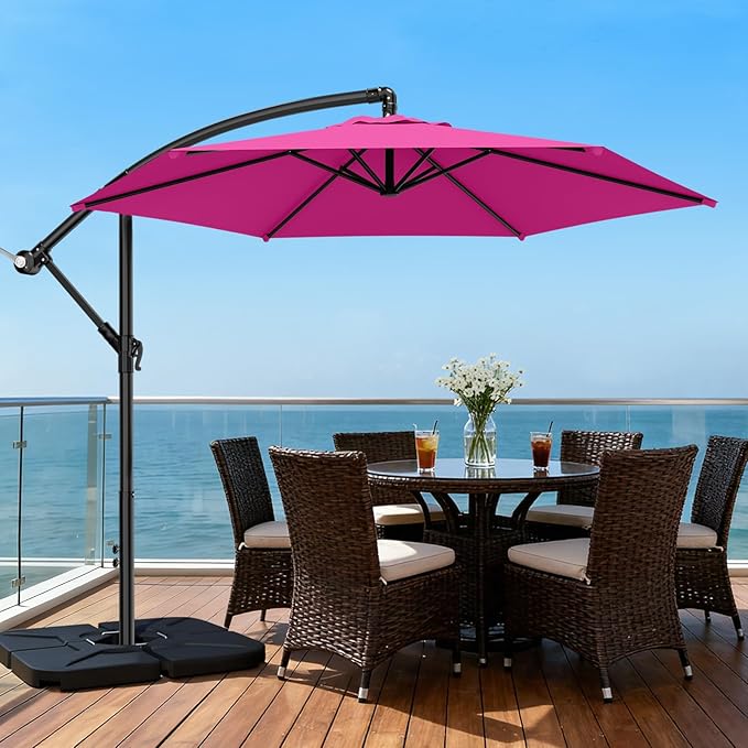 AreShark 10FT Patio Outdoor Umbrella, Offset Patio Umbrella Cantilever Umbrella, 6 Sturdy Ribs, Easy Adjustment for Garden Market Pool with Cross Base (Rose Pink)