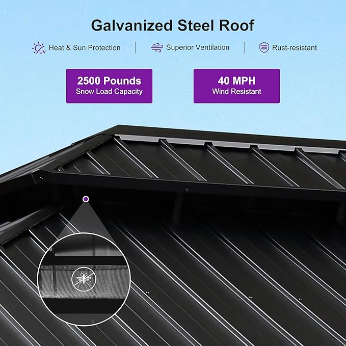 PURPLE LEAF 12' X 16' Outdoor Hardtop Gazebo for Patio Galvanized Steel Double Roof Permanent Canopy Teak Finish Coated Aluminum Frame Pavilion Gazebo with Netting and Khaki Curtains