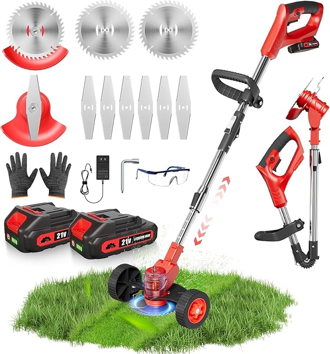 21V Cordless Weed Wacker, Lightweight 3-in-1 Grass Trimmer/Brush Cutter/Edger, 2.0Ah Battery Powered Weed Eater, Foldable Stringless Lawn Edger, Adjustable Height Electric Mower for Garden