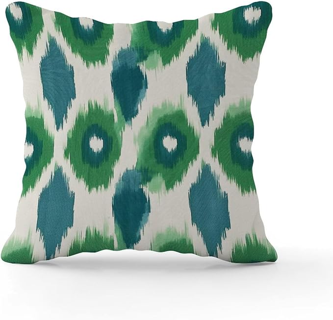 Green and Aqua Bukhara Ikat Pillowcase Peacock Strip Print Throw Pillow Cover Classic Modern Decorative Pillow Covers for Patio Furniture Garden 26x26 in