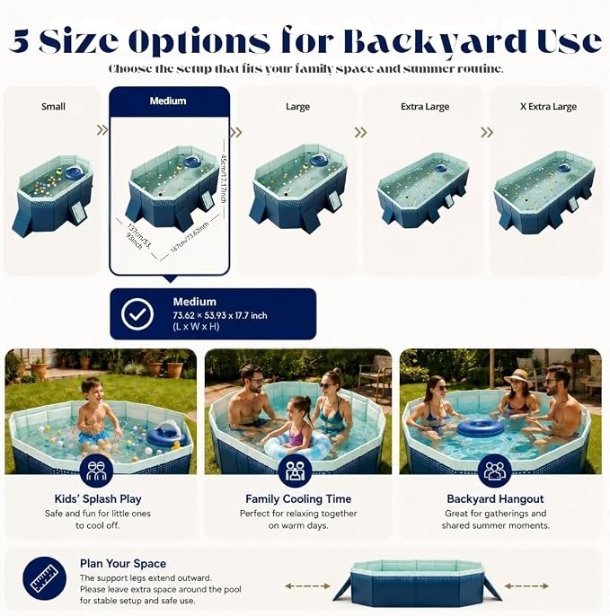 Large Foldable Pool, Non Inflatable Pool with 4-Layer Composite PVC, Sturdy Triangular Support Boards, Double Drains, Foldable Outdoor Pool for Backyard Kids & Adults, 5 Sizes