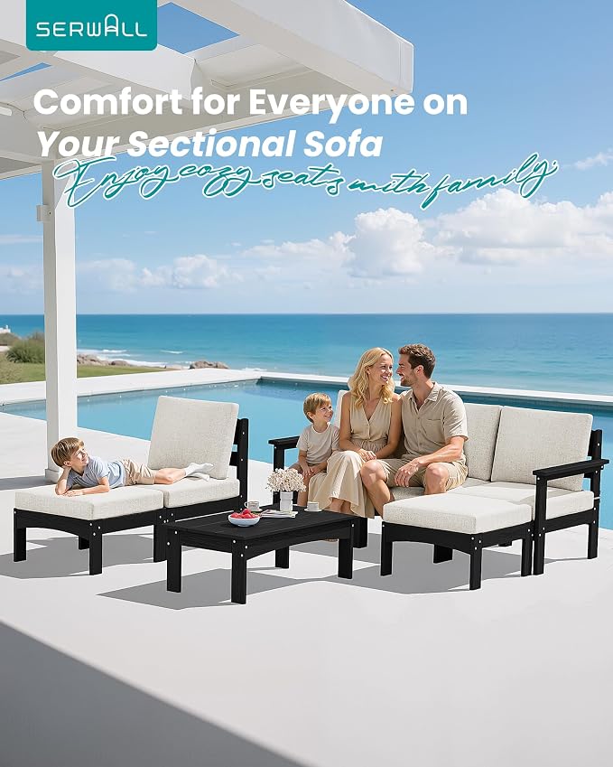 SERWALL HDPE Patio Furniture Set,7 Pieces Patio Conversation Set, All-Weather Modular Patio Sofa Set with Removable Cushions and Coffee Table for Deck, Garden, Porch, Black Frame with Khaki Cushion