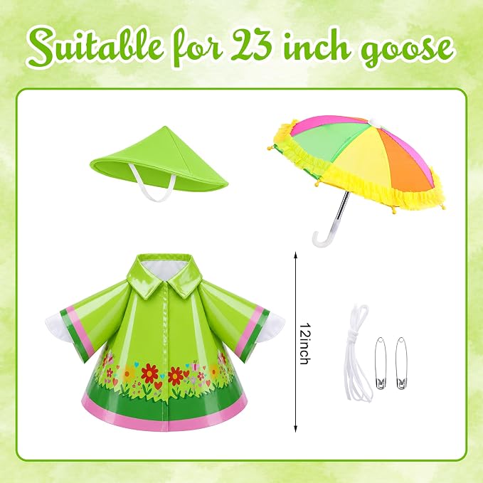 DECOHS 3 Pcs/Set Raincoat Porch Goose Outfits, Summer Lawn Goose Statue Costume with Rainbow Umbrella and Hat, Yard Geese Clothes for 23" Statue Patio Garden Decoration (Fresh Green)