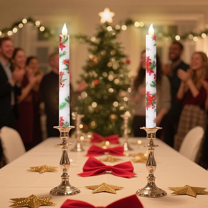 Christmas Flameless Taper Candles 2 Pack Christmas Poinsettia Flowers Battery Operated Candle with Remote Real Wax Flickering LED Fake Candle Home Decor for Xmas New Year Wedding Party
