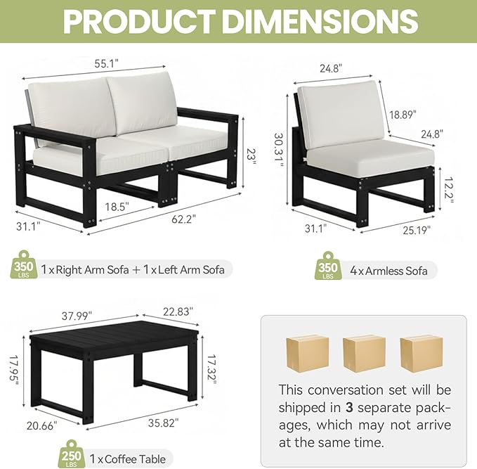 Patio Furniture Set, HDPE Sectional Outdoor Conversation Sets, 7-Piece Outdoor Couch Set with Deep Cushions, All-Weather Patio Sofa Set for Garden, Backyard, Porch, Black