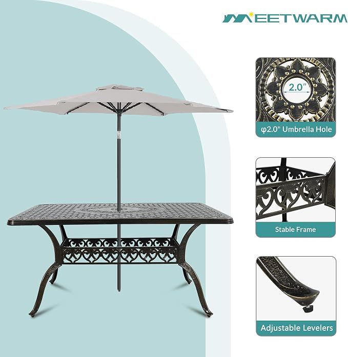 MEETWARM 7-Piece Outdoor Patio Dining Set, All-Weather Cast Aluminum Patio Conversation Set for Backyard Garden Deck with 6 Cushioned Swivel Rocker Chairs, 1 Rectangular Table, 2" Umbrella Hole