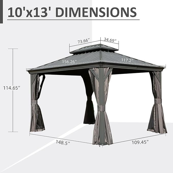 Domi 10' X 13' Hardtop Gazebo, Upgraded Metal Gazebo with Drainage System, Dual-Layer Galvanized Steel Roof, Curtain and Netting, Outdoor Shelter Canopy for Patio, Garden, and Backyard, Grey