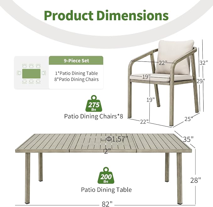 Outdoor Dining Set,9-Piece Patio Dining Table Set for 8 with Rectangular Table & 8 Thick Cushion Sofa Chair, Aluminum All-Weather Patio Furniture Set for Backyard, Garden and Poolside (Grey)