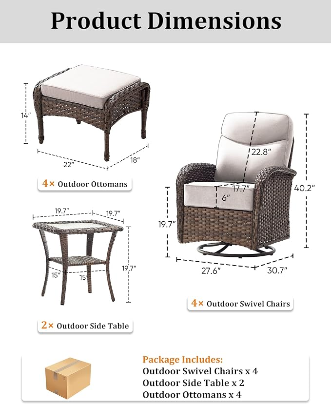 10-Piece Luxury Patio Furniture Set with 6-Inch Thick Cushions, High-Back Outdoor 4 Swivel Rocking Chairs with Wicker Side Table, All-Weather Conversation Set for Porch, Deck, Yard– Beige