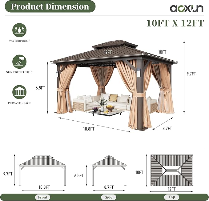 Aoxun 12'x10' Hardtop Gazebo with 4 LED Lights, Outdoor Gazebo with Galvanized Steel Double Roof, Patio Gazebo with Breathable Netting & Privacy Curtain, Decor Hooks for Backyard, Brown