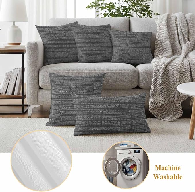 Outdoor Waterproof Throw Pillow Covers Set of 2 Grey Stripes Grain Lumbar Pillowcases 20x12 Inches Solid Color Decorative Pillows Cushion Case Patio Pillows for Couch Bed Chair Garden